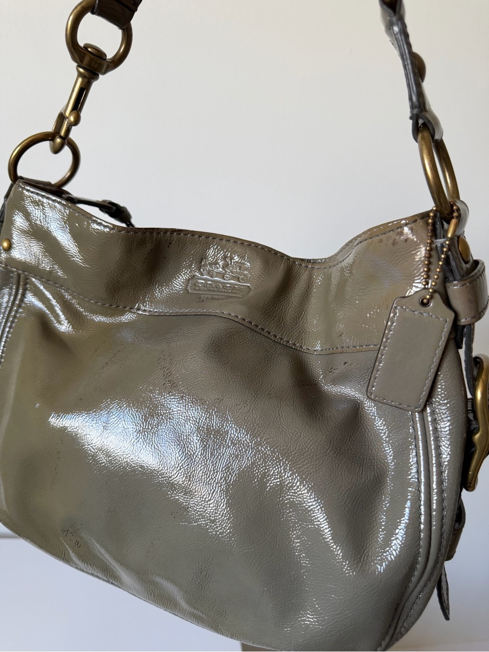 Coach Zoe Patent Leather Hobo Shoulder Bag Olive- Grey 12735 - Picture 3 of 12